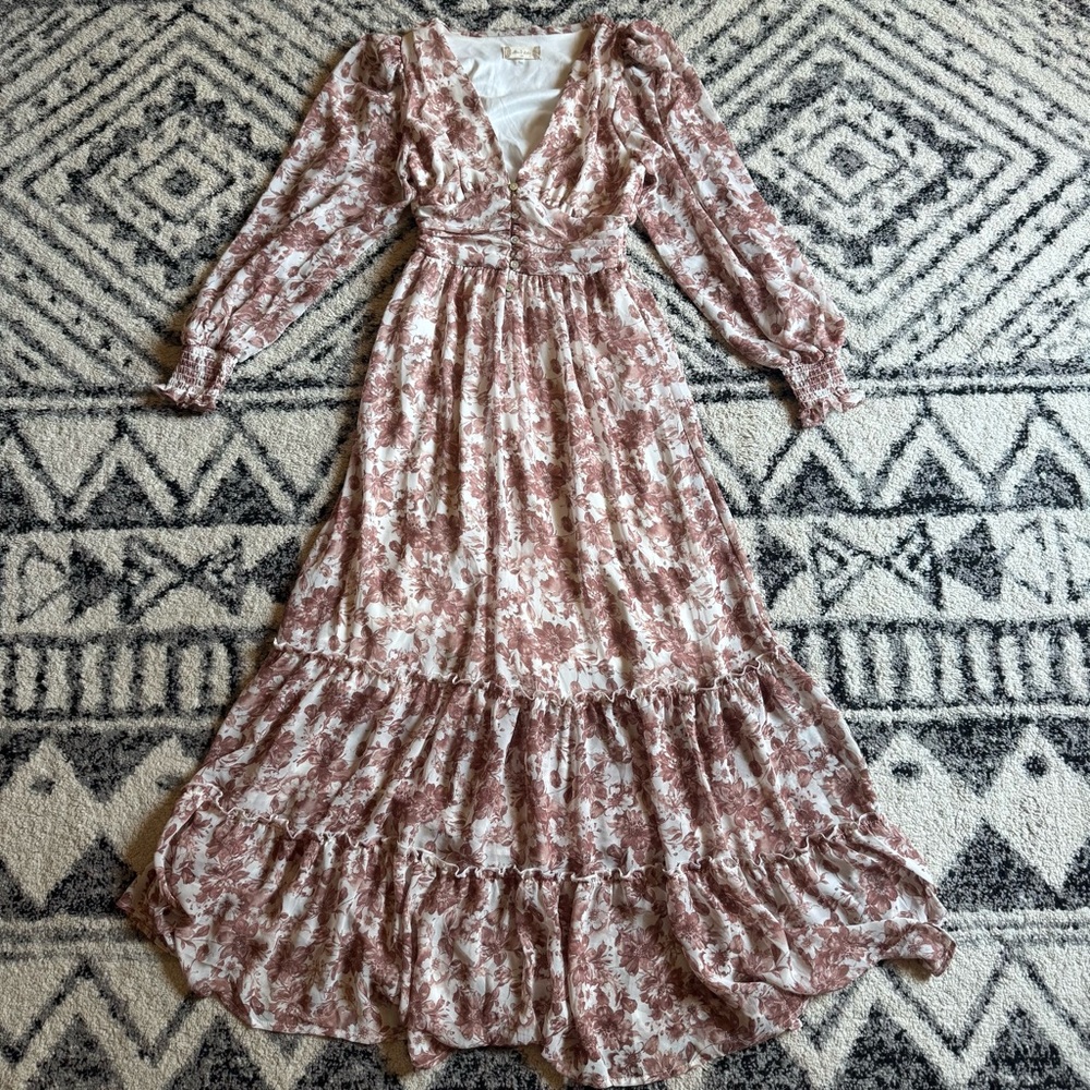 Altar'd State Pink and Cream Long Sleeve Floral Maxi Dress